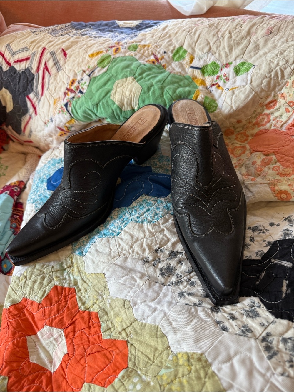 Pointed Black Leather Mule Booties - Women